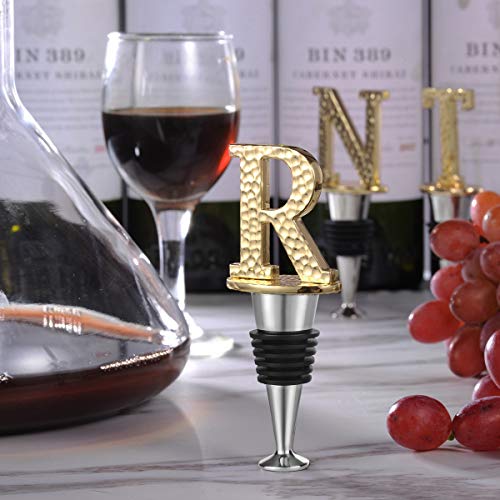 Miicol Initial Letter Wine Stopper, Monogram Hammered Metal, Perfect Wine Gift, Elegance Meets Utility, Wide Used in Kitchen Decor, Bar, Wedding Party, Gold Finish, Letter (A to Z) R