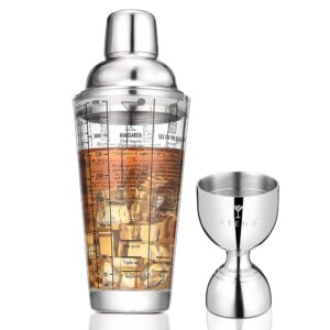 etens glass cocktail shaker and bell jigger bundle, 14oz clear martini shaker with recipe / 1oz 2oz measure double jigger