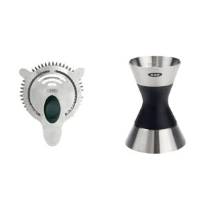 oxo steel cocktail strainer and double jigger