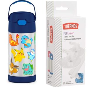 thermos funtainer 12 ounce stainless steel vacuum insulated kids straw bottle, pokemon and thermos replacement straws