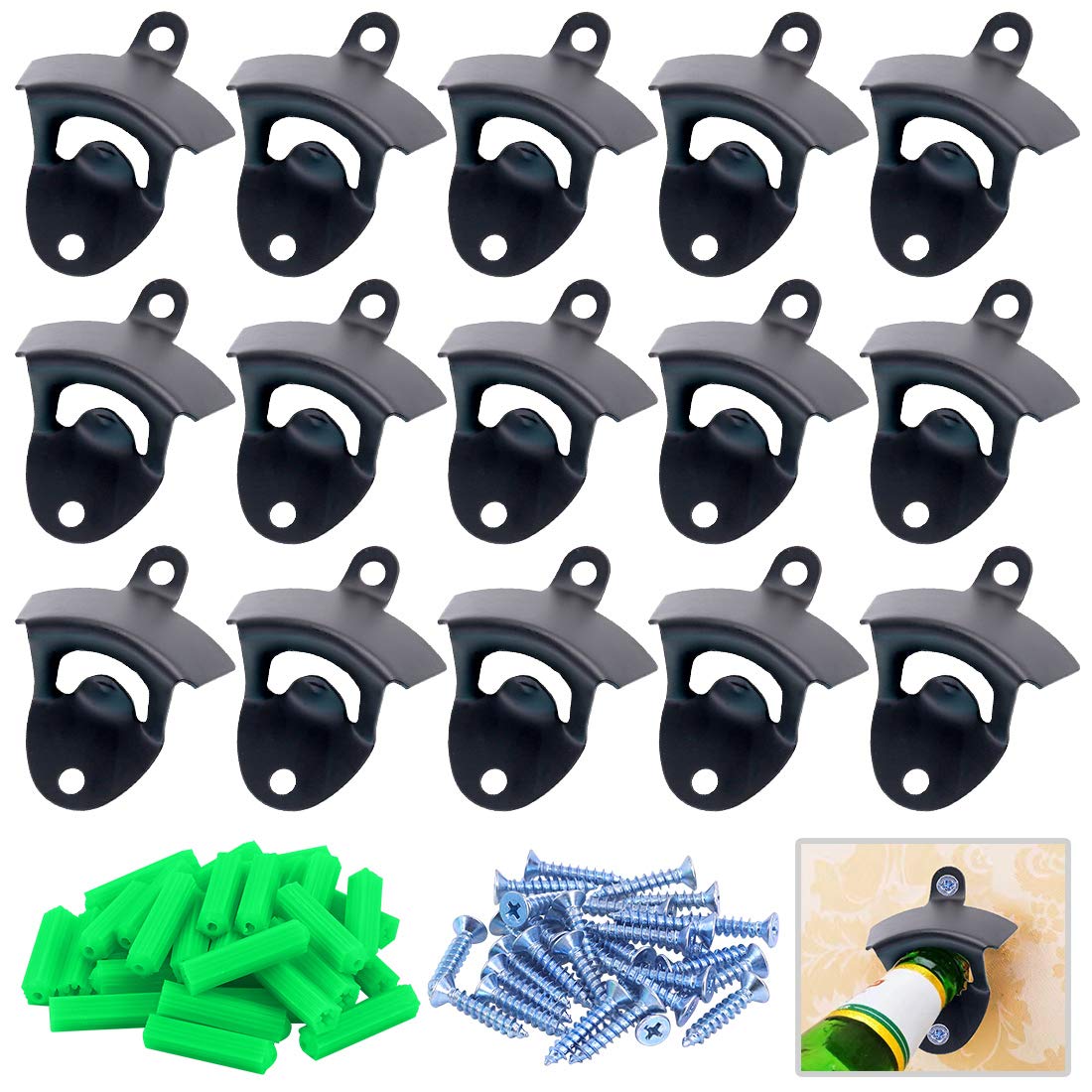 Glarks 15Pcs Black Wall Mounted Bottle Opener Vintage Beer Opener with Mounting Screws Set for Beer Cap Coke Bottle Wine Soda Open and Kitchen Cafe Bars (Black)