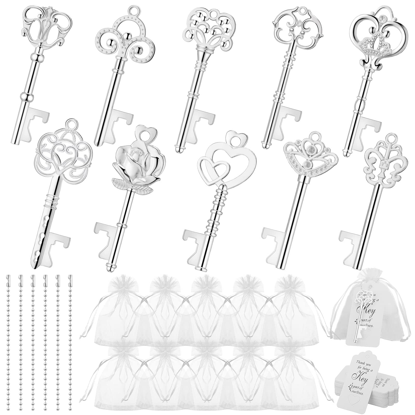 100 Pcs Wedding Favors Key Bottle Opener Skeleton Key Bottle Opener Bridal Shower Party Favors with Card Tag and Chains Bulk for Rustic Wedding Gifts Christmas Decor, Silver