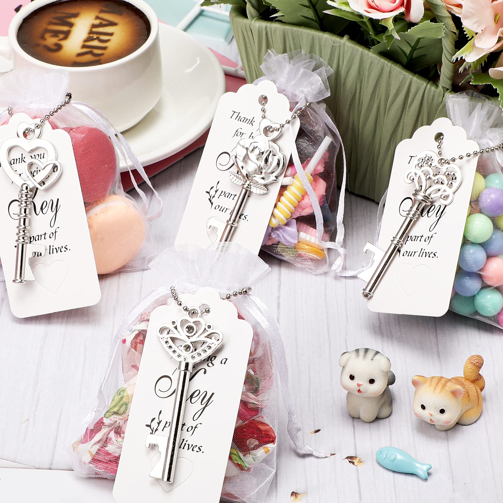 100 Pcs Wedding Favors Key Bottle Opener Skeleton Key Bottle Opener Bridal Shower Party Favors with Card Tag and Chains Bulk for Rustic Wedding Gifts Christmas Decor, Silver