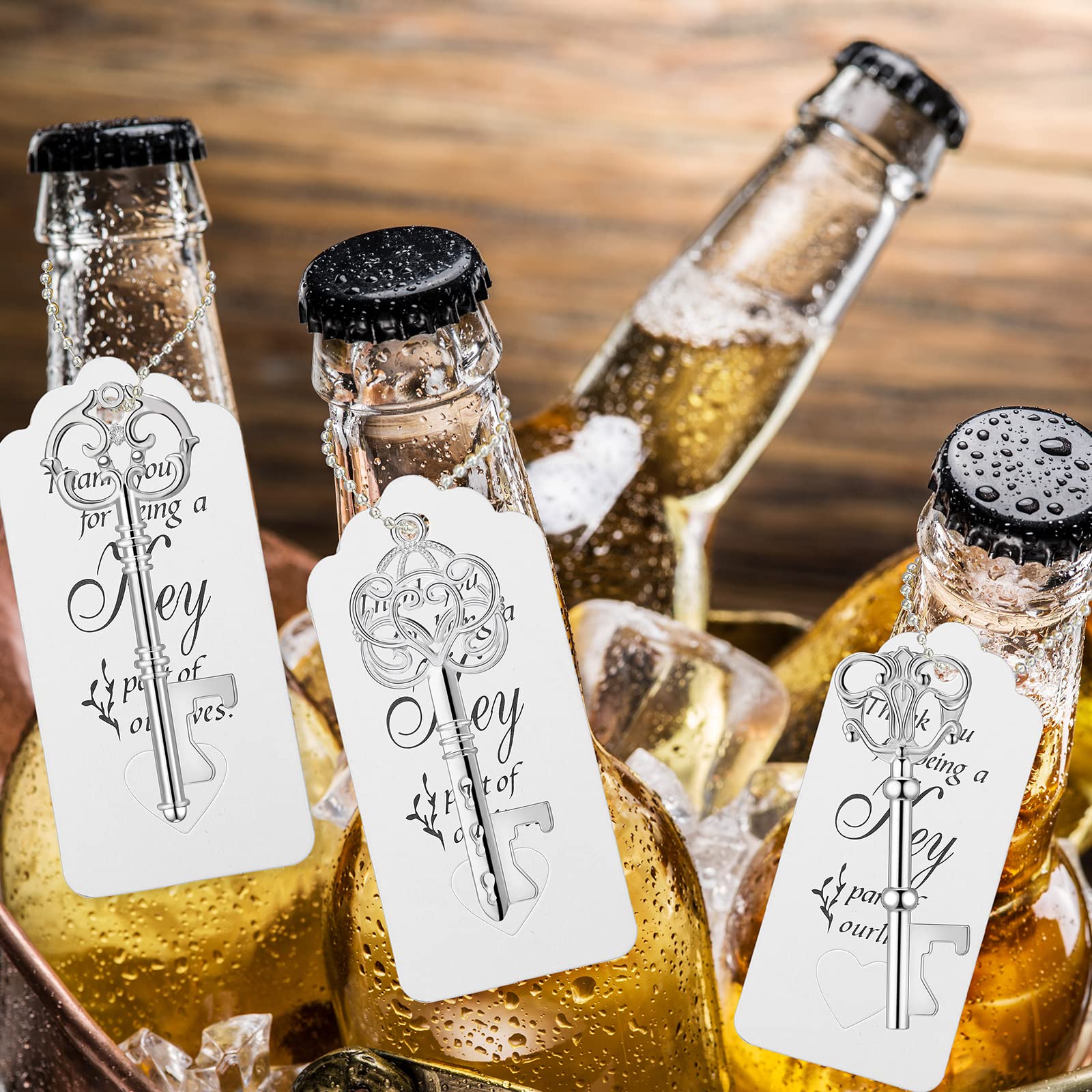 100 Pcs Wedding Favors Key Bottle Opener Skeleton Key Bottle Opener Bridal Shower Party Favors with Card Tag and Chains Bulk for Rustic Wedding Gifts Christmas Decor, Silver