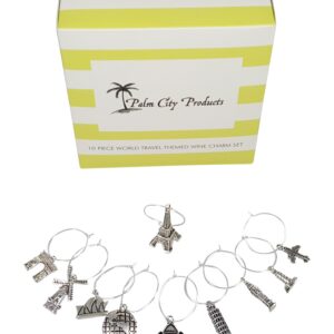 Palm City Products 10 Piece World Travel Themed Wine Charm Set - Traveler Stemmed Wine Glass Charms