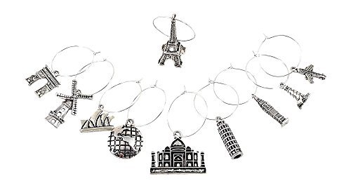 Palm City Products 10 Piece World Travel Themed Wine Charm Set - Traveler Stemmed Wine Glass Charms