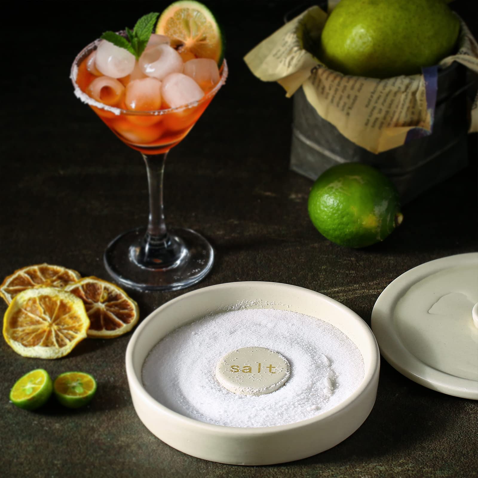 Cosnou Ceramic Margarita Salt Rimmer with Lid Set of 2 Home Bar Accessories for Seasoning - Rimmers for Drinks - Bartender Kit Tools - Bar Decor ，Sugar Salt Rimmer Plate （Hand Make）