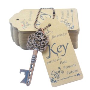 makhry 52pcs vintage skeleton key bottle opener wedding party favor guest souvenir gift set with tag card and keychain(antique copper)