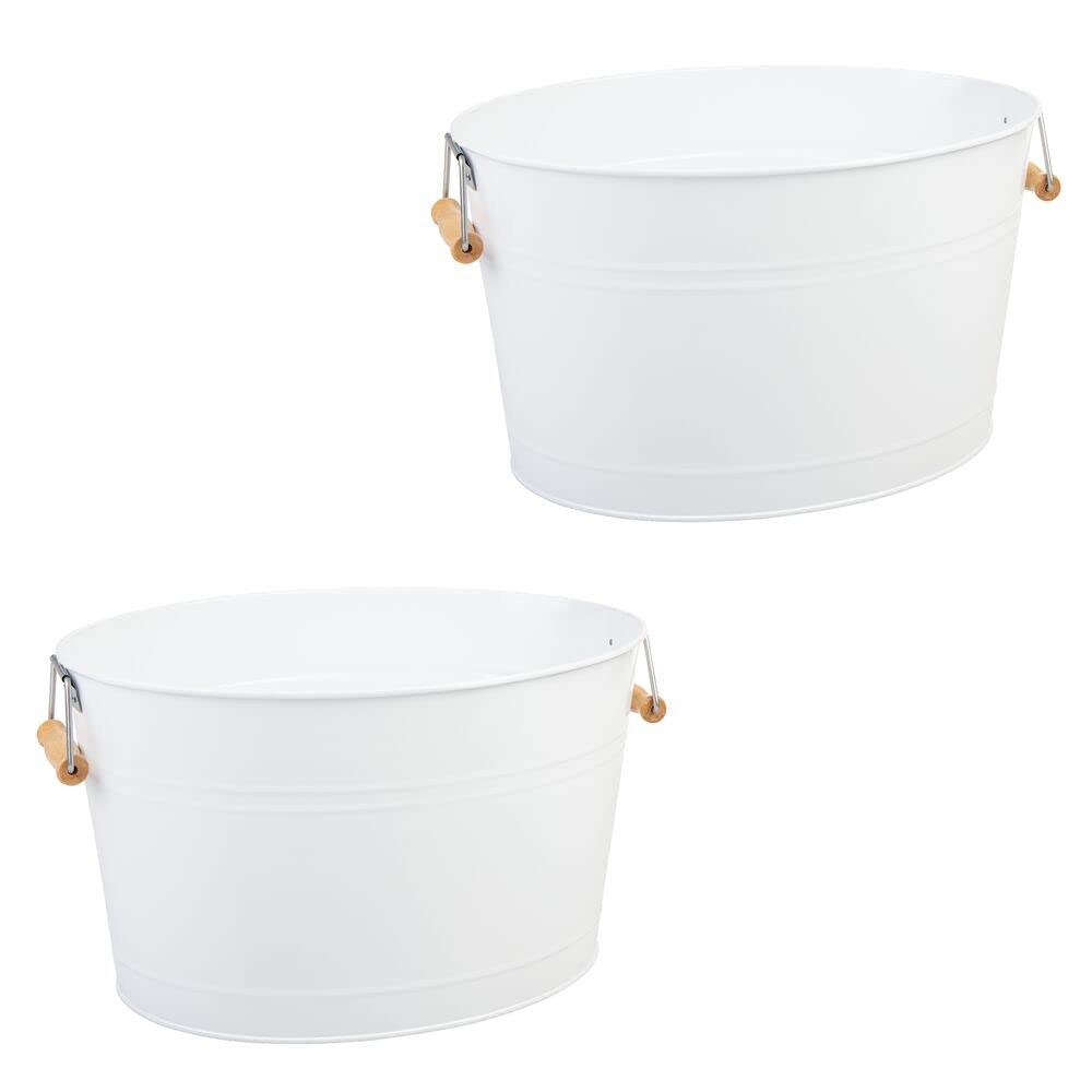 mDesign Large Metal Beverage Tub Oval Cooler for Beer, Wine, Ice, and Drinks - Portable 4.75 Gallon/18 Liter Cold Drink Trough for Parties - Steel Bin Bucket Stand with Bamboo Handles, 2 Pack, White