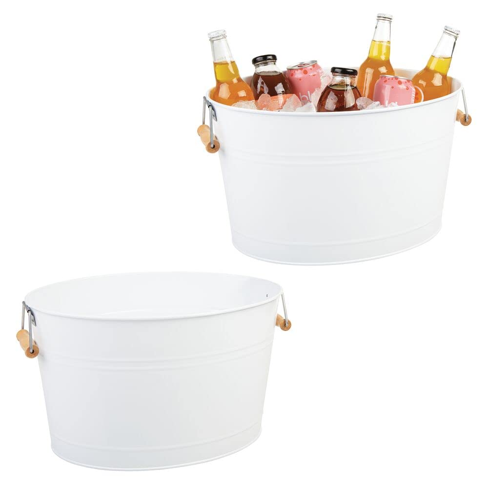 mDesign Large Metal Beverage Tub Oval Cooler for Beer, Wine, Ice, and Drinks - Portable 4.75 Gallon/18 Liter Cold Drink Trough for Parties - Steel Bin Bucket Stand with Bamboo Handles, 2 Pack, White