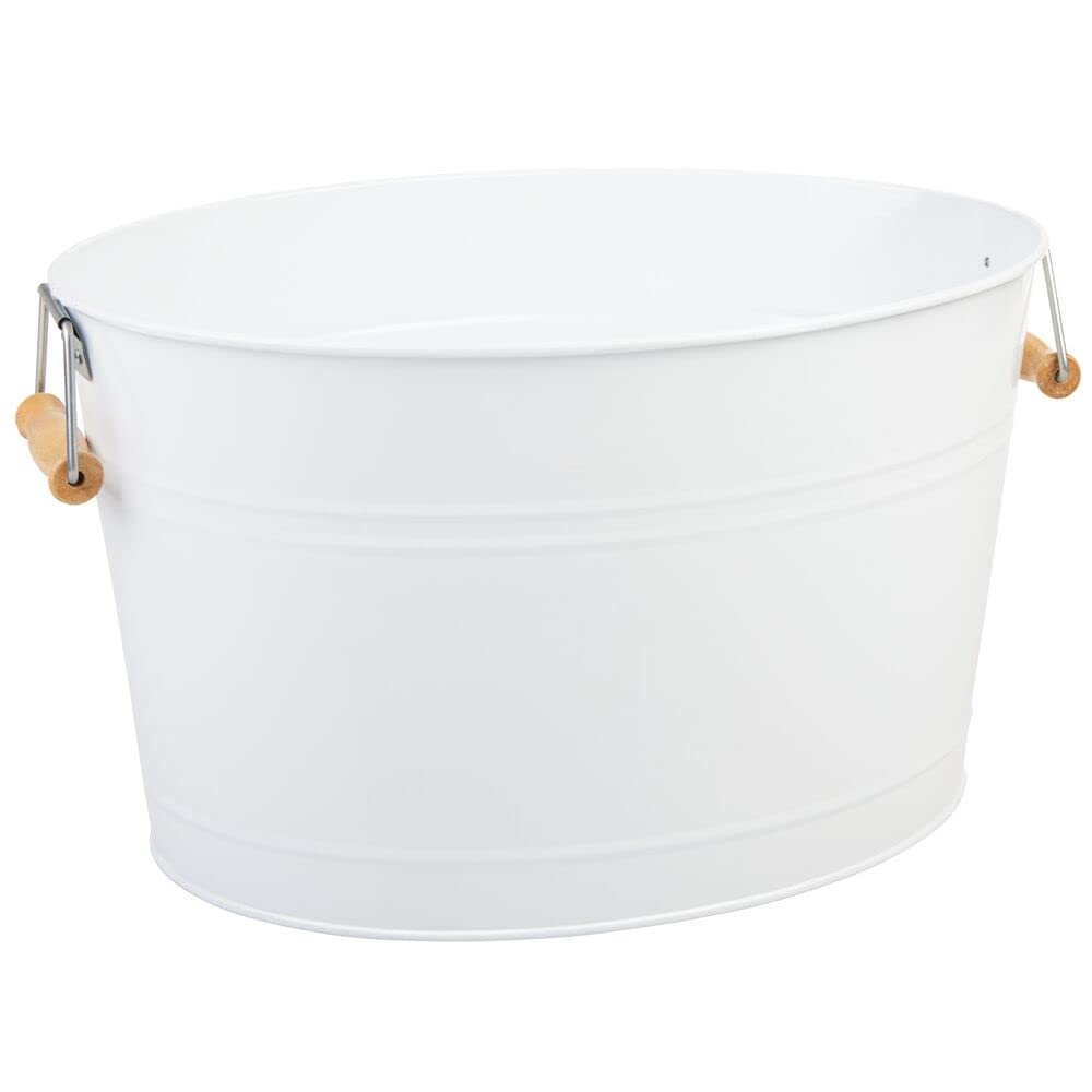 mDesign Large Metal Beverage Tub Oval Cooler for Beer, Wine, Ice, and Drinks - Portable 4.75 Gallon/18 Liter Cold Drink Trough for Parties - Steel Bin Bucket Stand with Bamboo Handles, 2 Pack, White