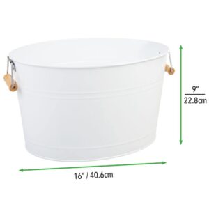 mDesign Large Metal Beverage Tub Oval Cooler for Beer, Wine, Ice, and Drinks - Portable 4.75 Gallon/18 Liter Cold Drink Trough for Parties - Steel Bin Bucket Stand with Bamboo Handles, 2 Pack, White