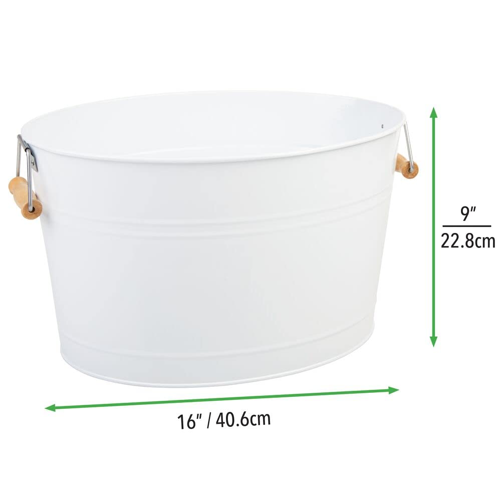 mDesign Large Metal Beverage Tub Oval Cooler for Beer, Wine, Ice, and Drinks - Portable 4.75 Gallon/18 Liter Cold Drink Trough for Parties - Steel Bin Bucket Stand with Bamboo Handles, 2 Pack, White