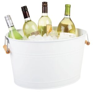 mDesign Large Metal Beverage Tub Oval Cooler for Beer, Wine, Ice, and Drinks - Portable 4.75 Gallon/18 Liter Cold Drink Trough for Parties - Steel Bin Bucket Stand with Bamboo Handles, 2 Pack, White