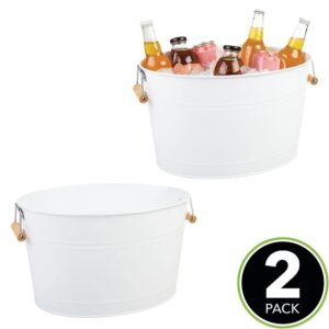 mDesign Large Metal Beverage Tub Oval Cooler for Beer, Wine, Ice, and Drinks - Portable 4.75 Gallon/18 Liter Cold Drink Trough for Parties - Steel Bin Bucket Stand with Bamboo Handles, 2 Pack, White