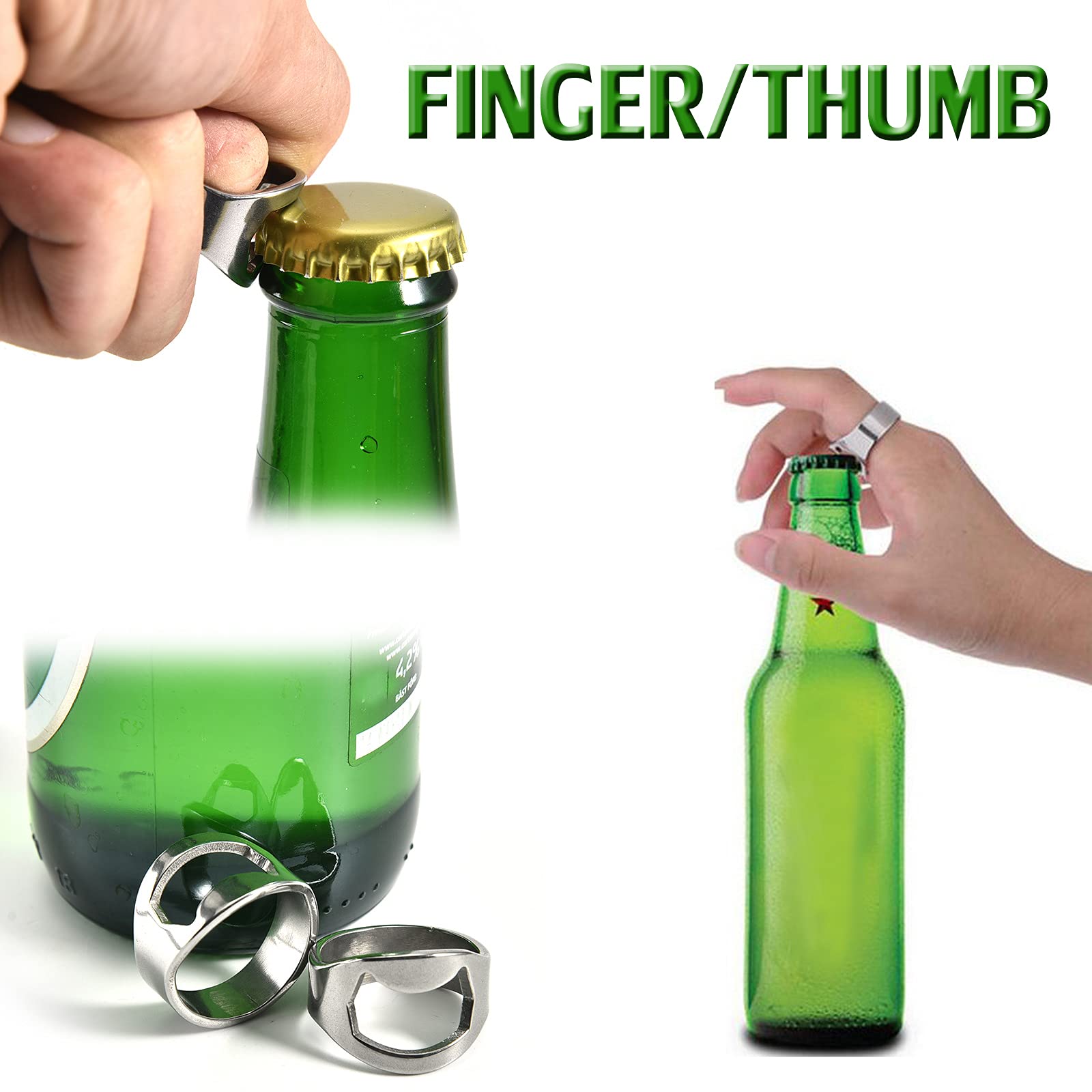 COLORFUL BLING 2 Pieces Rings Bottle Opener, Stainless Steel Beer Bottle Opener, Spinner Chain Thumb Finger Ring, Cool Creative Men Women Bottle Opener for Family Party Gift Supplies-silver10