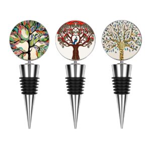 wine stoppers, wine bottle stopper, eco-friendly champagne stopper, reusable zinc alloy silicone wine stoppers for home, bar, party, wedding (3 pack tree of life)