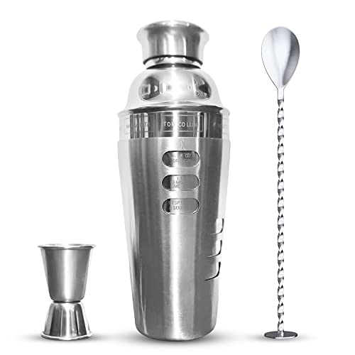 Stainless Steel Cocktail Shaker Set | 3-Piece | Anti-Smudge Martini Drink Mixer Bar Set with Mixing Spoon, 24 Oz Cocktail Drink Shaker with Jigger for Bartending | Solid Bartender Kit | Leak Proof