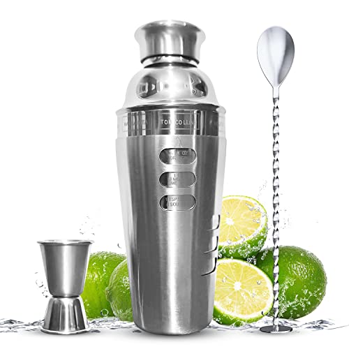 Stainless Steel Cocktail Shaker Set | 3-Piece | Anti-Smudge Martini Drink Mixer Bar Set with Mixing Spoon, 24 Oz Cocktail Drink Shaker with Jigger for Bartending | Solid Bartender Kit | Leak Proof