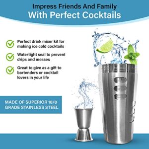 Stainless Steel Cocktail Shaker Set | 3-Piece | Anti-Smudge Martini Drink Mixer Bar Set with Mixing Spoon, 24 Oz Cocktail Drink Shaker with Jigger for Bartending | Solid Bartender Kit | Leak Proof