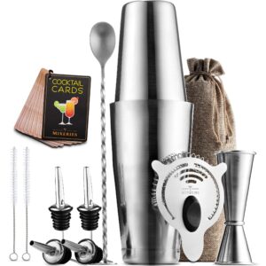 boston shaker set bartender kit - 13 piece bar set cocktail shaker set - drink mixer for home bar with all bar accessories - bar tools: cocktail shaker, jigger, cocktail strainer, bar spoon, pourers.