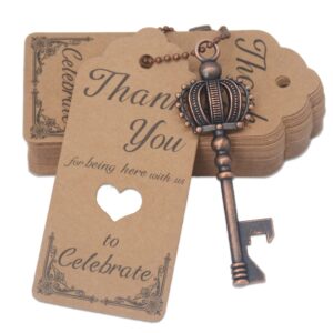 aebderp 100 pcs key bottle opener wedding party favors, crown skeleton keys for birthday anniversary party souvenir gifts for guests with keychain and thank you cards (copper)