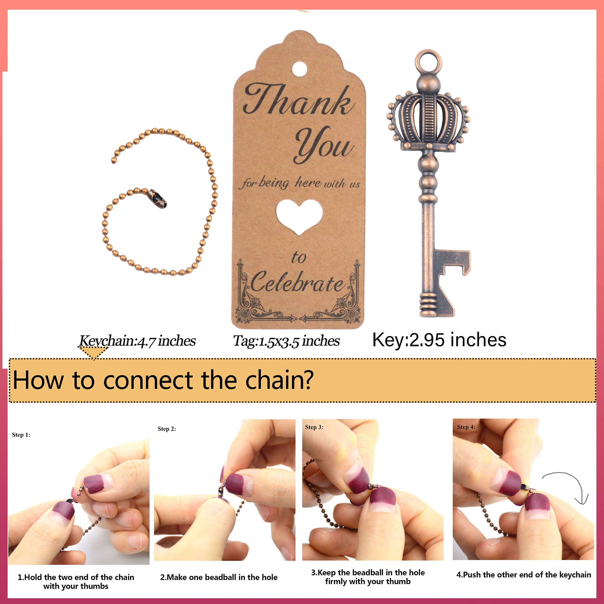 AebDerp 100 Pcs Key Bottle Opener Wedding Party Favors, Crown Skeleton Keys for Birthday Anniversary Party Souvenir Gifts for Guests with Keychain and Thank You Cards (Copper)