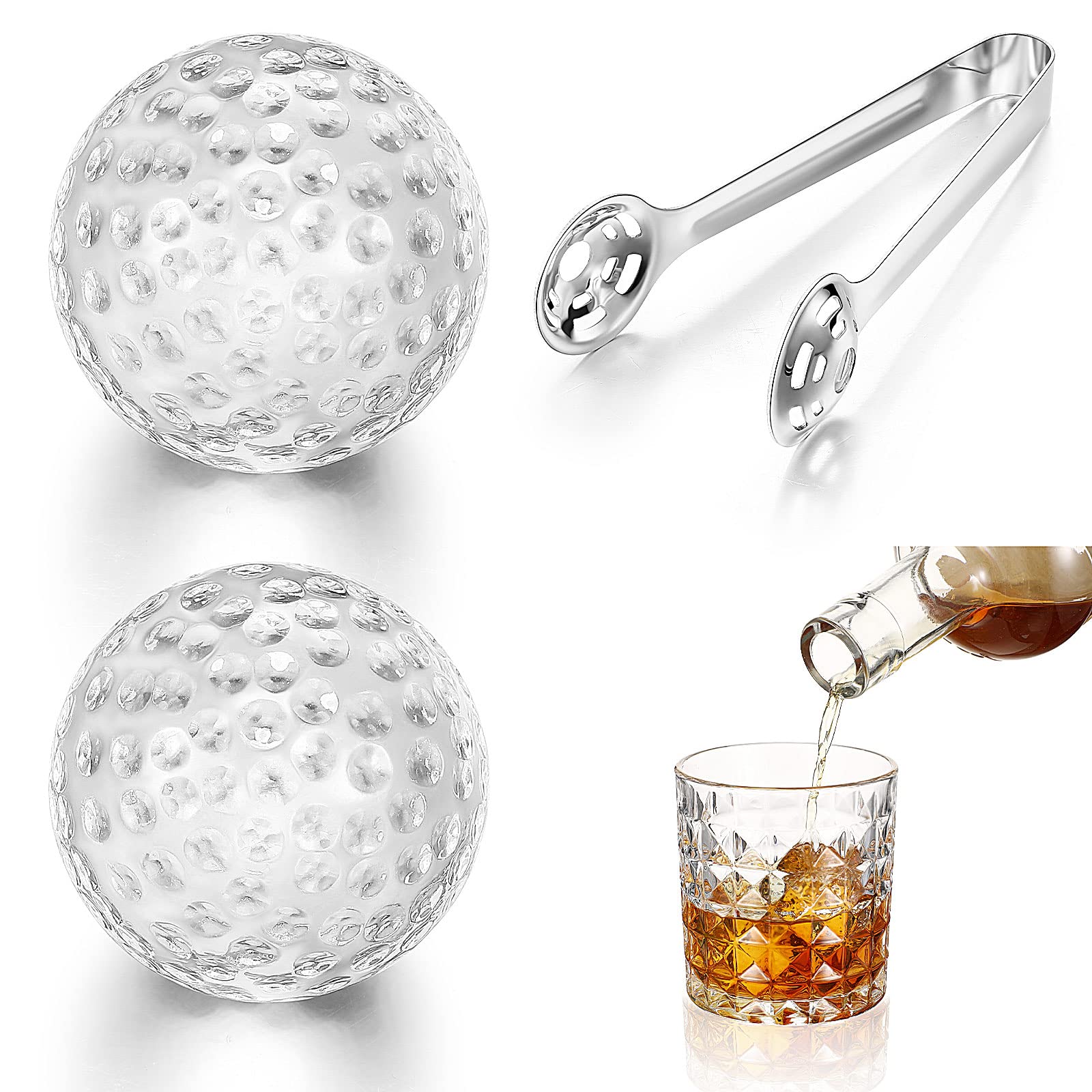 Yinkin 2 Pieces Golf Ball Whiskey Chillers Ice Cubes Stones Chilling Reusable Bar Glass Rocks and Stainless Steel Tong Set for Dad Grandpa Husband Boyfriend Men Women(1.57 Inch)