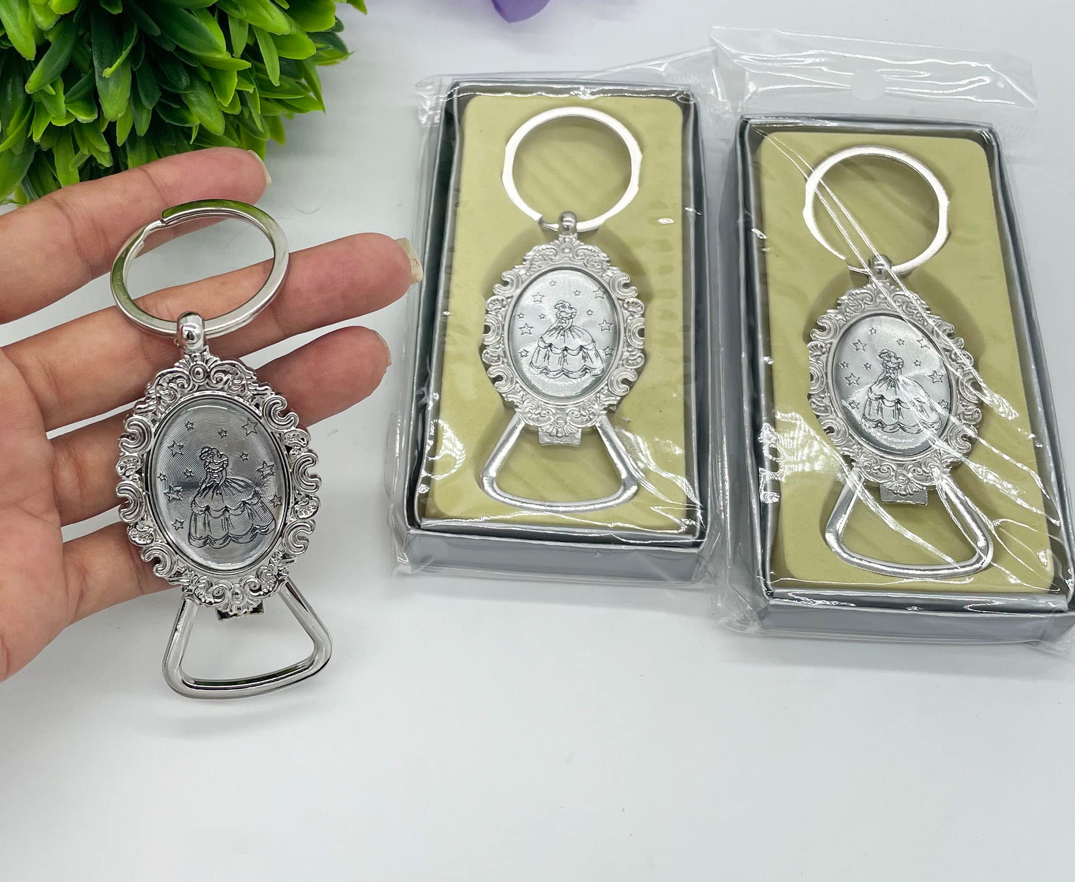 RBN Quinceañera Keychain Bottle Opener Favor - Sweet 15 Mis Quince 15 Birthday Sweet Sixteen Silver Color Metal Key Ring Gift for Guests - 12 PCS, 12.0 Count