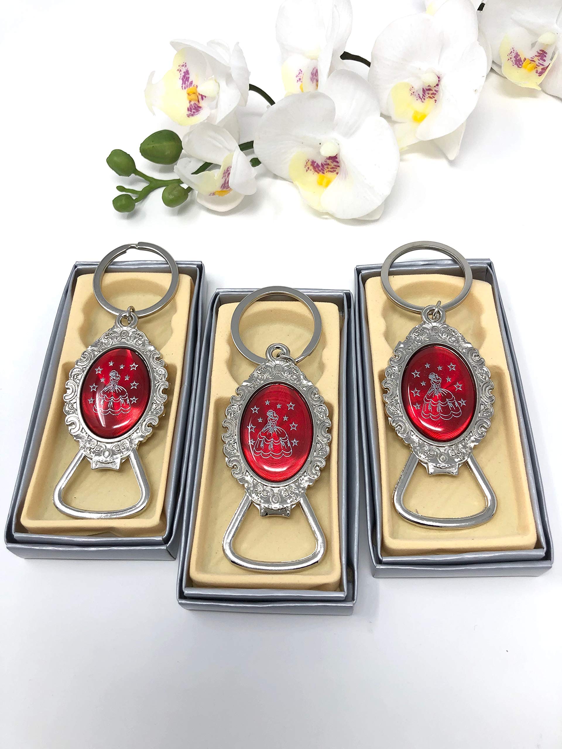 Quinceañera Keychain Bottle Opener Favor (12 PCS) - Sweet 15 Mis Quince 15 Birthday Sweet Sixteen Red Color Metal Key Ring Gift for Guests