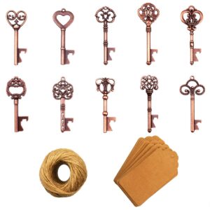 key bottle openers - 50pcs vintage skeleton key bottle opener with kraft paper gift tags and twine for wedding favors antique rustic party decoration, 10 styles (copper)