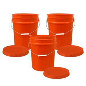 5 gallon plastic bucket with airtight lid i food grade bucket | orange | bpa-free i heavy duty 90 mil all purpose pail reusable i made in usa |3 count