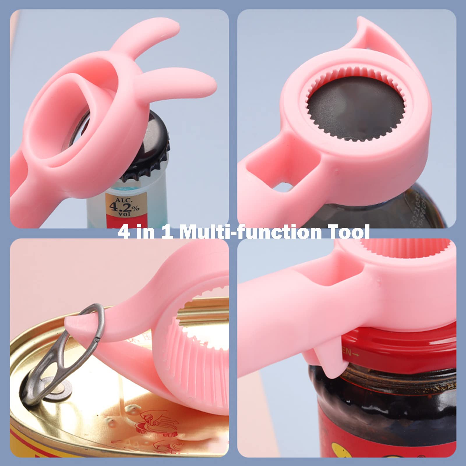 FFUWERG Bottle Opener Can Opener Jar Opener for Weak Hands, Cute 4-in-1 Multi Function Beer Opener for Seniors with Arthritis/Child Gift(Pink)