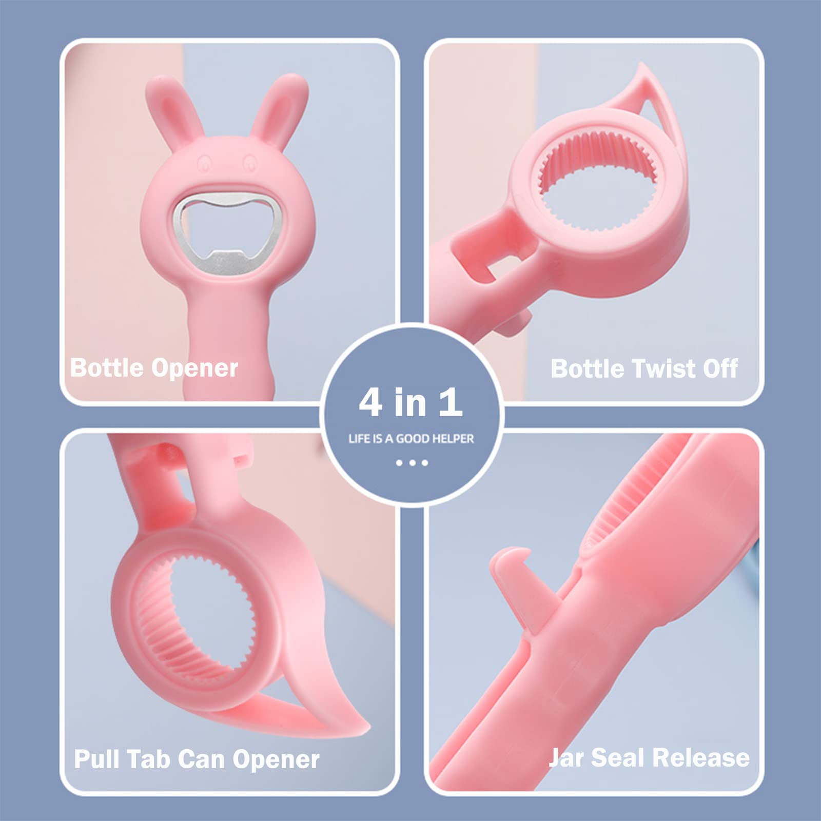 FFUWERG Bottle Opener Can Opener Jar Opener for Weak Hands, Cute 4-in-1 Multi Function Beer Opener for Seniors with Arthritis/Child Gift(Pink)