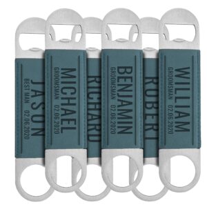 groomsmen gifts, set of 6, personalized bottle openers - 10 designs, teal - leather trim stainless steel custom bottle opener for groomsman - bachelor party gifts, wedding gifts, best man gift
