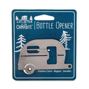 Camco Life is Better at The Campsite Bottle Opener | Easily Removes Bottle Caps | Features a Unique Camper Design with Magnet (53305)