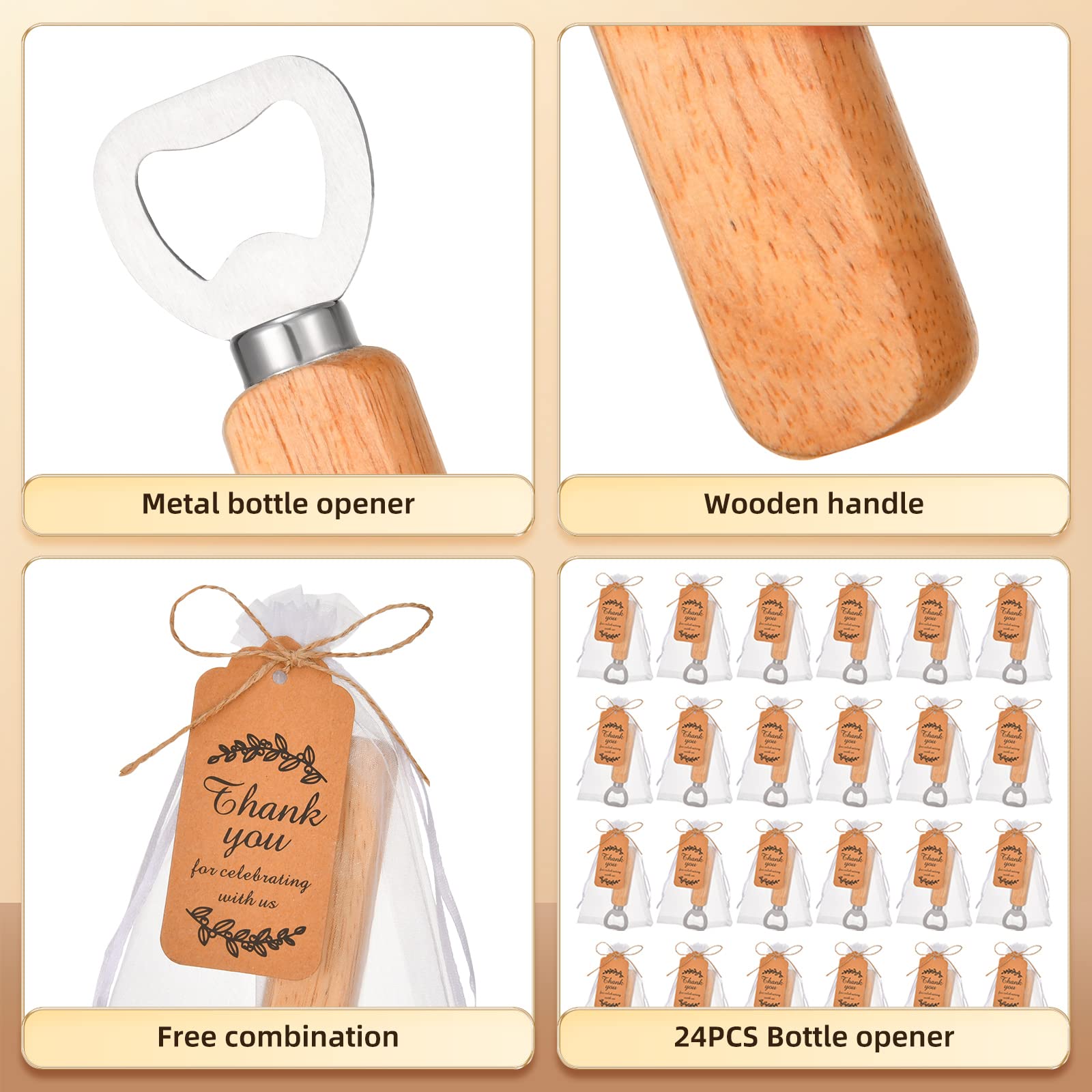 24 pieces Wooden Handle Bottle Opener Suitable for home, bar or restaurant baby shower - Wooden handle handheld or bridal gift for party gifts, gifts, guests' mementos