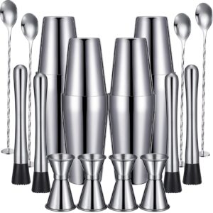 16 pieces cocktail shaker set including 4 pcs boston shaker 4 pcs muddler 4 pcs double measuring jigger 4 pcs mixing spoon stainless steel bartender kit bar accessories for home bar wine lovers gift