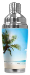 mugzie 16 ounce stainless steel cocktail shaker/martini shaker with wetsuit cover - palm tree and beach