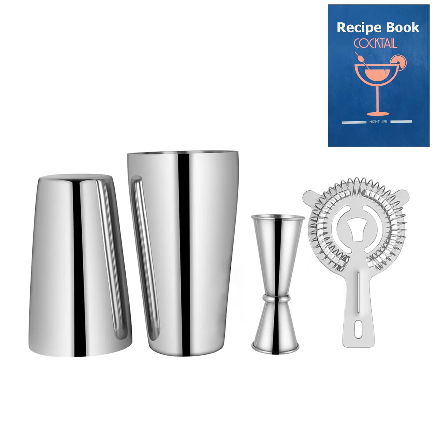 Boston Shaker Set Stainless Steel Cocktail Shaker Set 20oz & 25oz Martini Shakers Bartending Kit Drink Shaker Bar Tools for Drink Mixing with Strainer Jigger Recipes Booklet (5 Pieces)