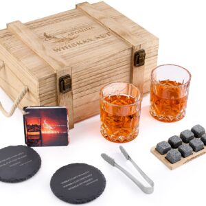 Whisky Stones and Glasses Set Gift for Men, Pack of 2 Whiskey Glasses 10 oz, 8 Granite Chilling Rocks, 2 Slate Coasters, Cocktail Cards in Wooden Crate Special present for Husband Father Boyfriend Him