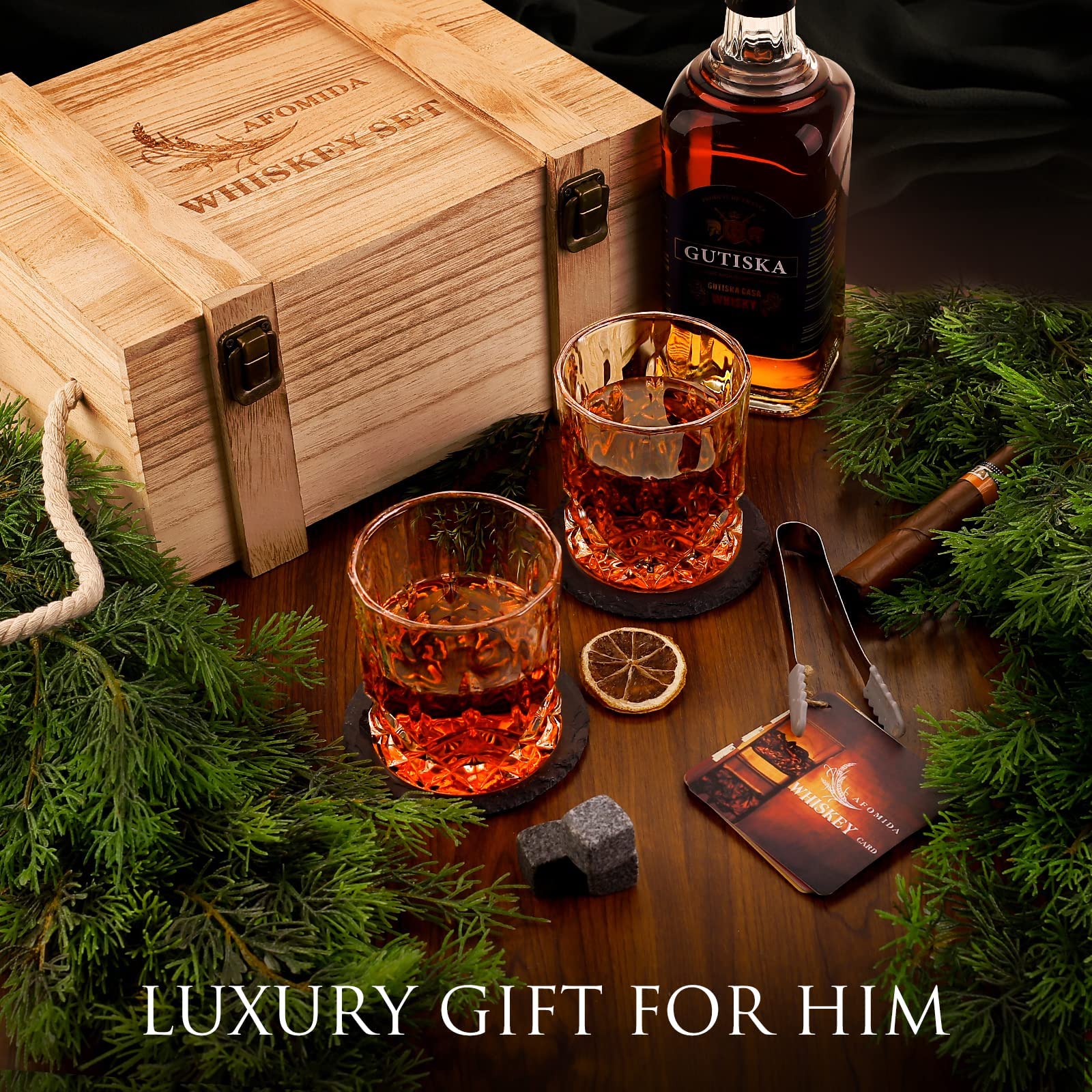 Whisky Stones and Glasses Set Gift for Men, Pack of 2 Whiskey Glasses 10 oz, 8 Granite Chilling Rocks, 2 Slate Coasters, Cocktail Cards in Wooden Crate Special present for Husband Father Boyfriend Him