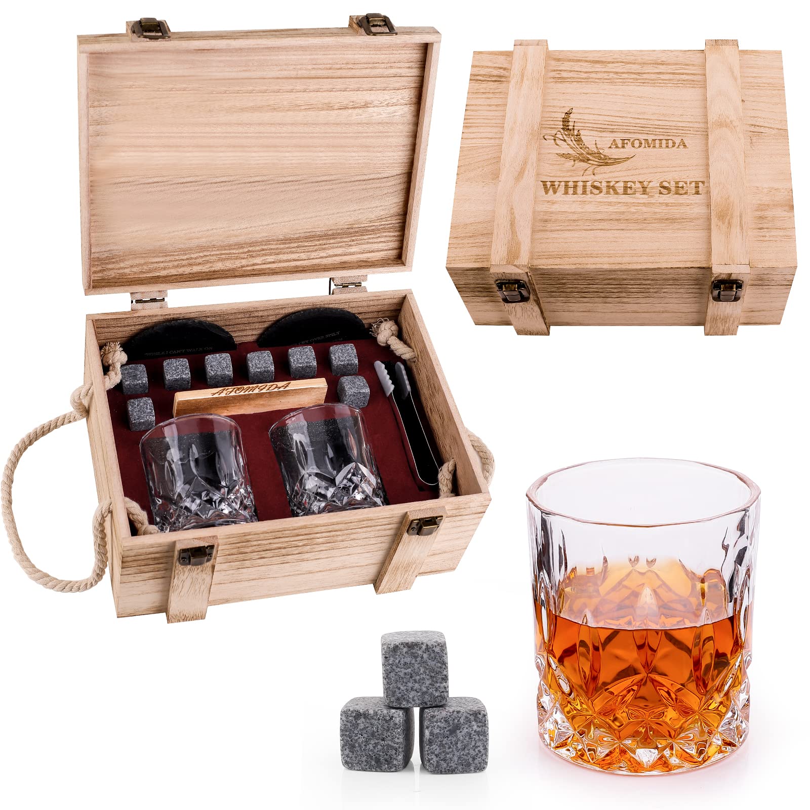 Whisky Stones and Glasses Set Gift for Men, Pack of 2 Whiskey Glasses 10 oz, 8 Granite Chilling Rocks, 2 Slate Coasters, Cocktail Cards in Wooden Crate Special present for Husband Father Boyfriend Him