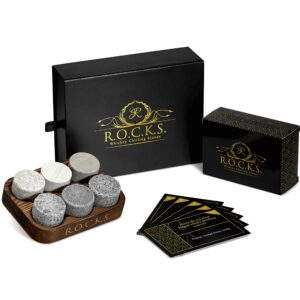 the original rocks whiskey chilling stones & whiskey trivia quiz gift set - 6 handcrafted premium granite round sipping rocks - 100 quiz q&a for whiskey lovers - fun fact stories & more, great gift!