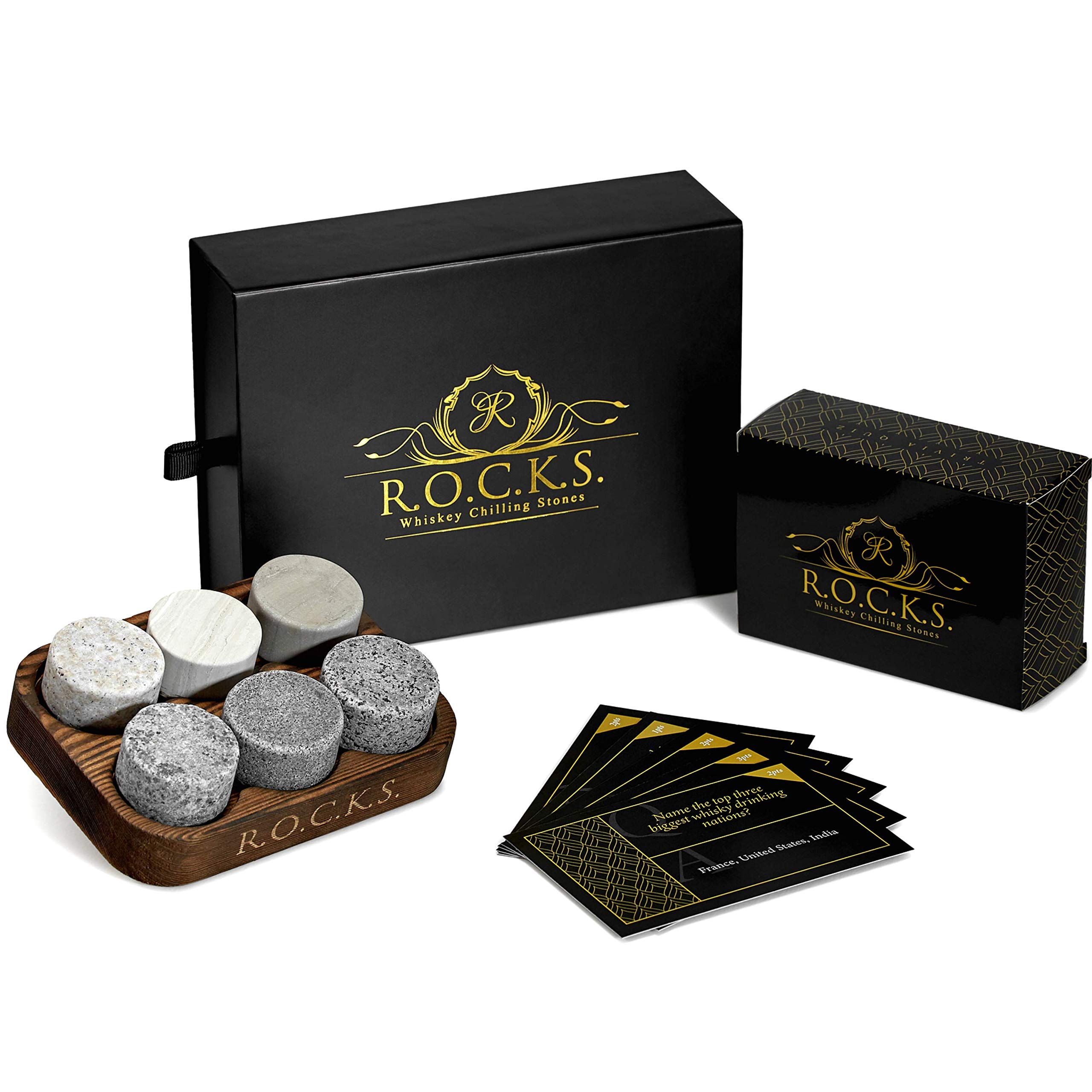 The Original ROCKS Whiskey Chilling Stones & Whiskey Trivia Quiz Gift Set - 6 Handcrafted Premium Granite Round Sipping Rocks - 100 Quiz Q&A for Whiskey Lovers - Fun Fact Stories & More, Great Gift!