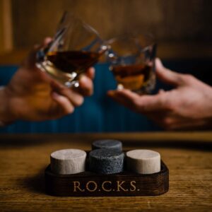 The Original ROCKS Whiskey Chilling Stones & Whiskey Trivia Quiz Gift Set - 6 Handcrafted Premium Granite Round Sipping Rocks - 100 Quiz Q&A for Whiskey Lovers - Fun Fact Stories & More, Great Gift!