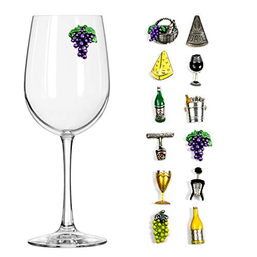 Cork & Leaf- Strong Magnetic Wine Glass Charms for Stem Glasses - Set of 12 Different Color Bling Drink Markers for Parties and Events Wine Charms for Glasses