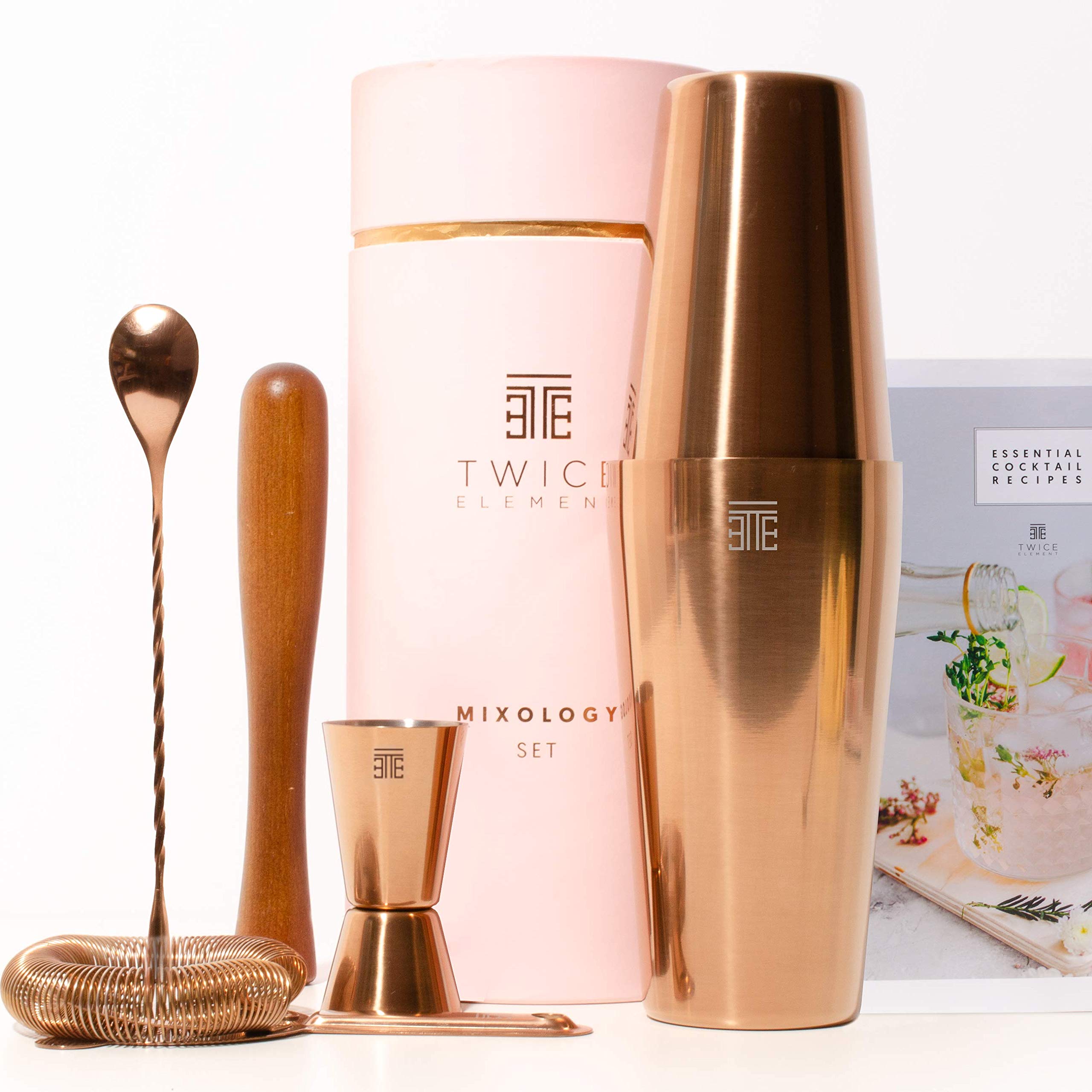 Twice Element Mixology Bartender Kit - Copper Gift Set with Boston Shaker, Storage Pouch, Recipe Book and All Essential Accessories | Elegant Gift Box (Pink)