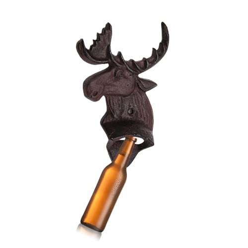 Cast Iron Moose Head Single Bottle Opener, Set of 2, Wall Mounted Accent Piece, Funny Bar Décor, Man Cave Bar Accessory, 6.25 Inches
