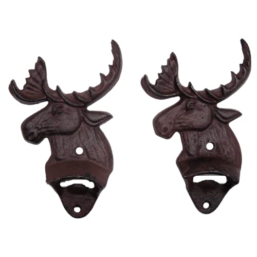 Cast Iron Moose Head Single Bottle Opener, Set of 2, Wall Mounted Accent Piece, Funny Bar Décor, Man Cave Bar Accessory, 6.25 Inches